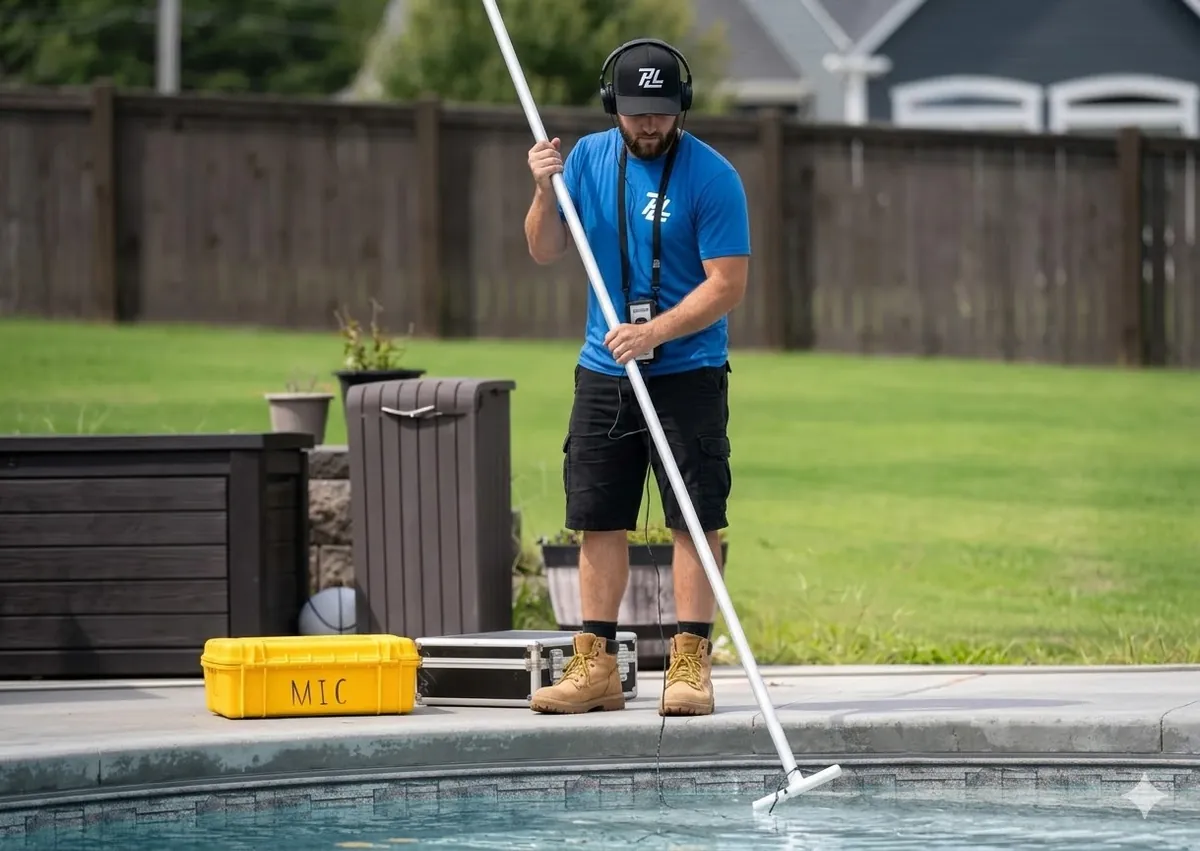 Technicien Piscines Lanaudière qui effectue un diagnostic de réparation de piscine
