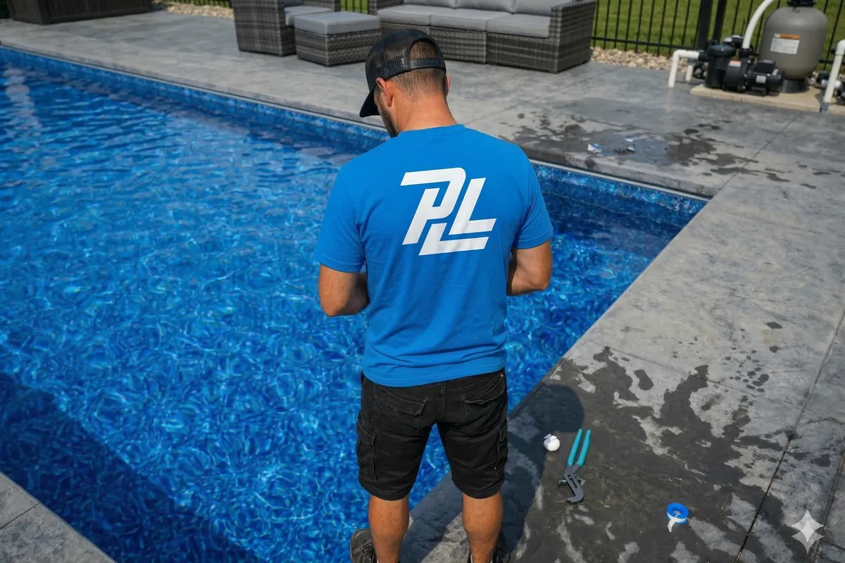 Technicien Piscines Lanaudière au bord d'une piscine creusée lors de l'ouverture