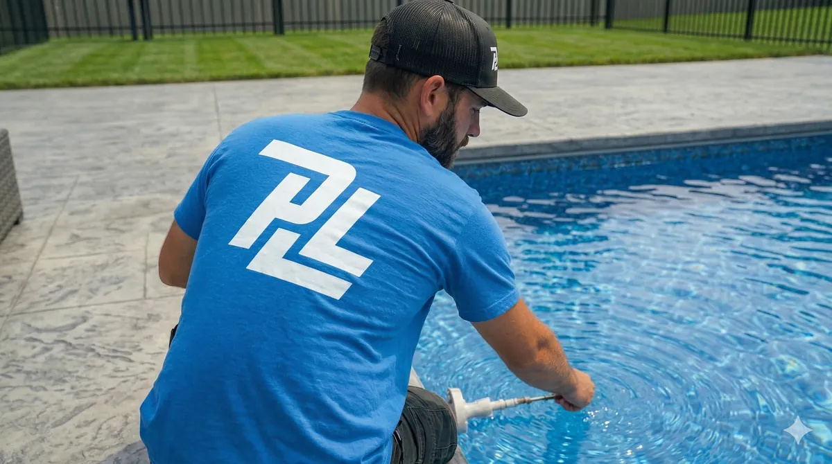 Technicien Piscines Lanaudière qui teste l'eau d'une piscine creusée